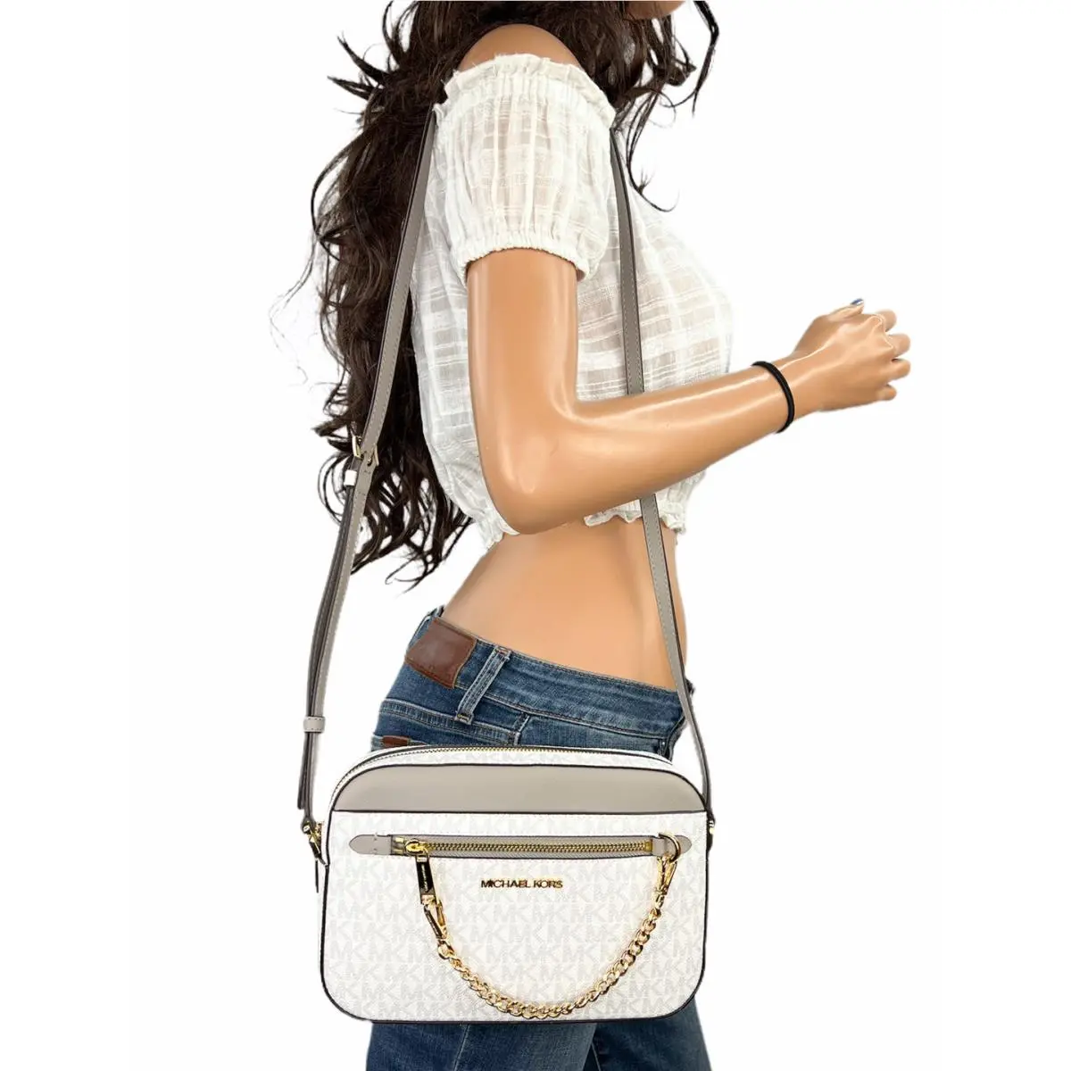Michael Kors Jet Set Item EW Chain Crossbody Pvc Leather Bag MK White/grey