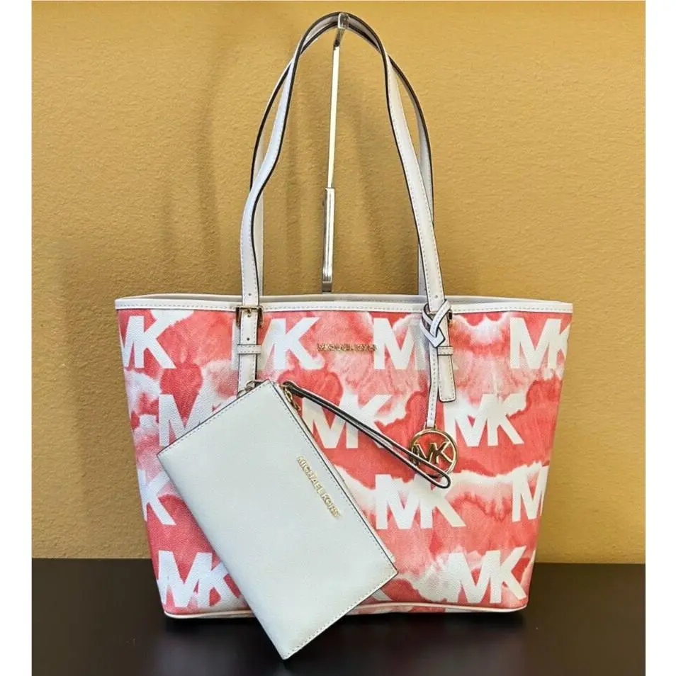 Michael Kors Jet Set MD Carryall Tote + Wallet MK Graphic Logo Grapefruit Multi