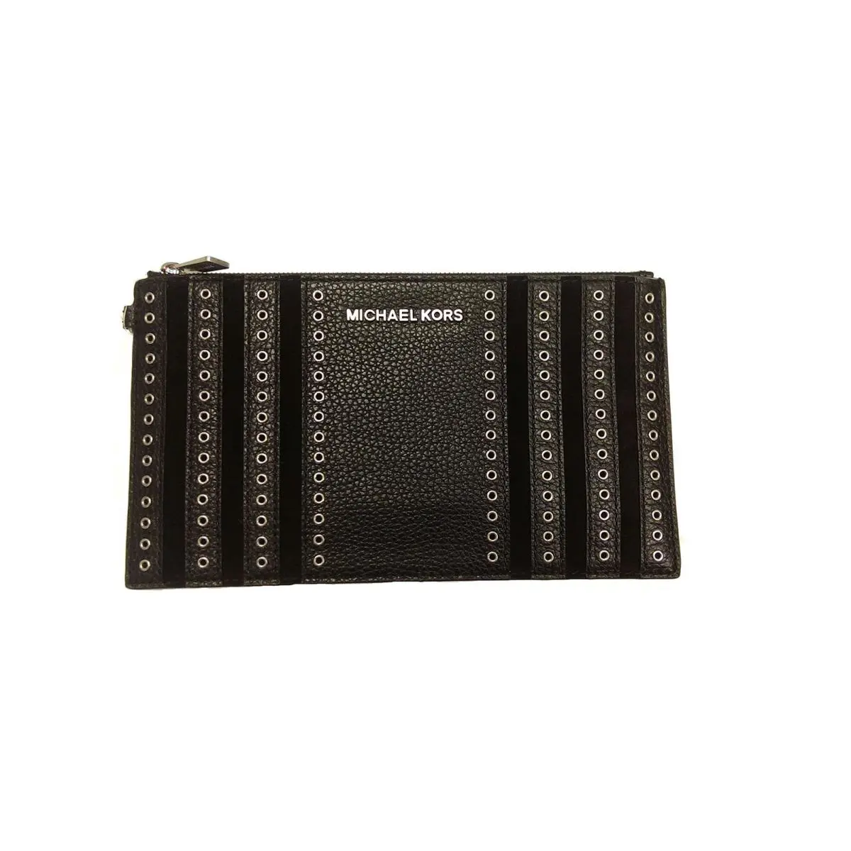 Michael Kors Mini Grommets Black Silver Leather Suede Zip Clutch Wristlet Bag