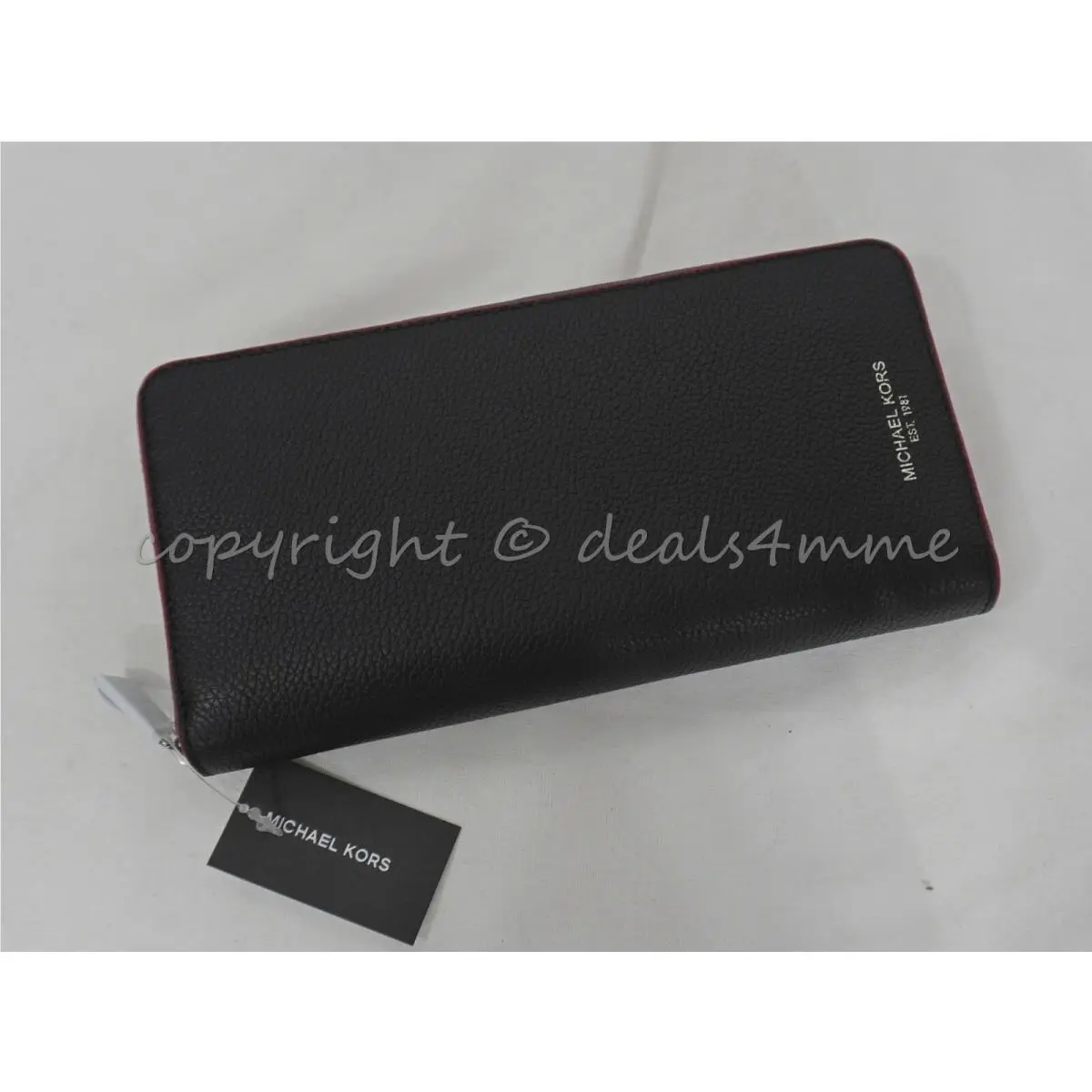 Michael Kors 36H9LCOZ3L Tech Zip Around Pebbled Leather Wallet in Black/crimson