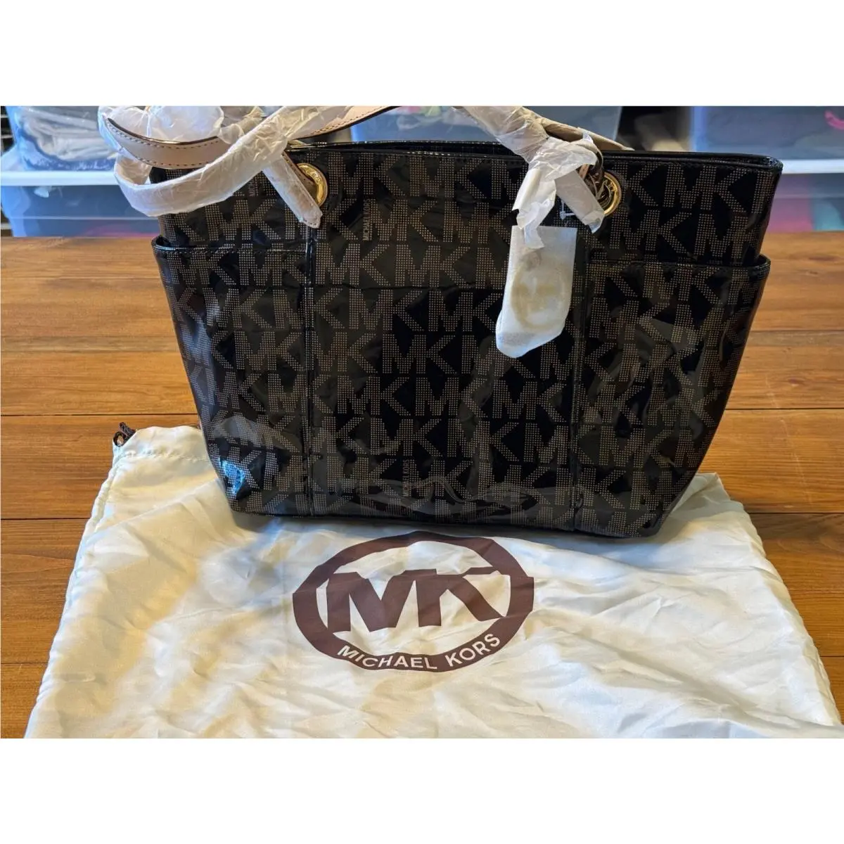 Women`s Black MK Patent Double Handle Signature Tote Shoulder Bag by Michael Kors
