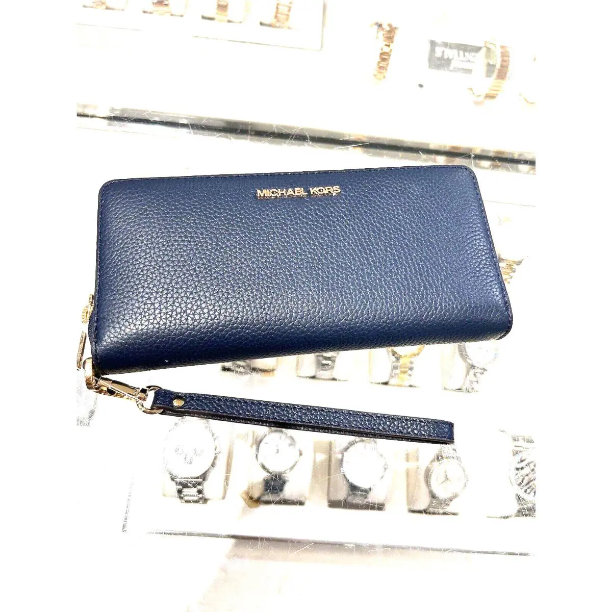 Michael Kors Jet Set Travel Continental Leather Long Wallet Wristlet Navy Gold