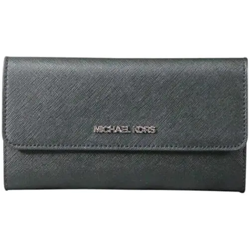 Michael Kors Ladies Fashion Large Trifold Leather Wallet Clutch Black Silver MK