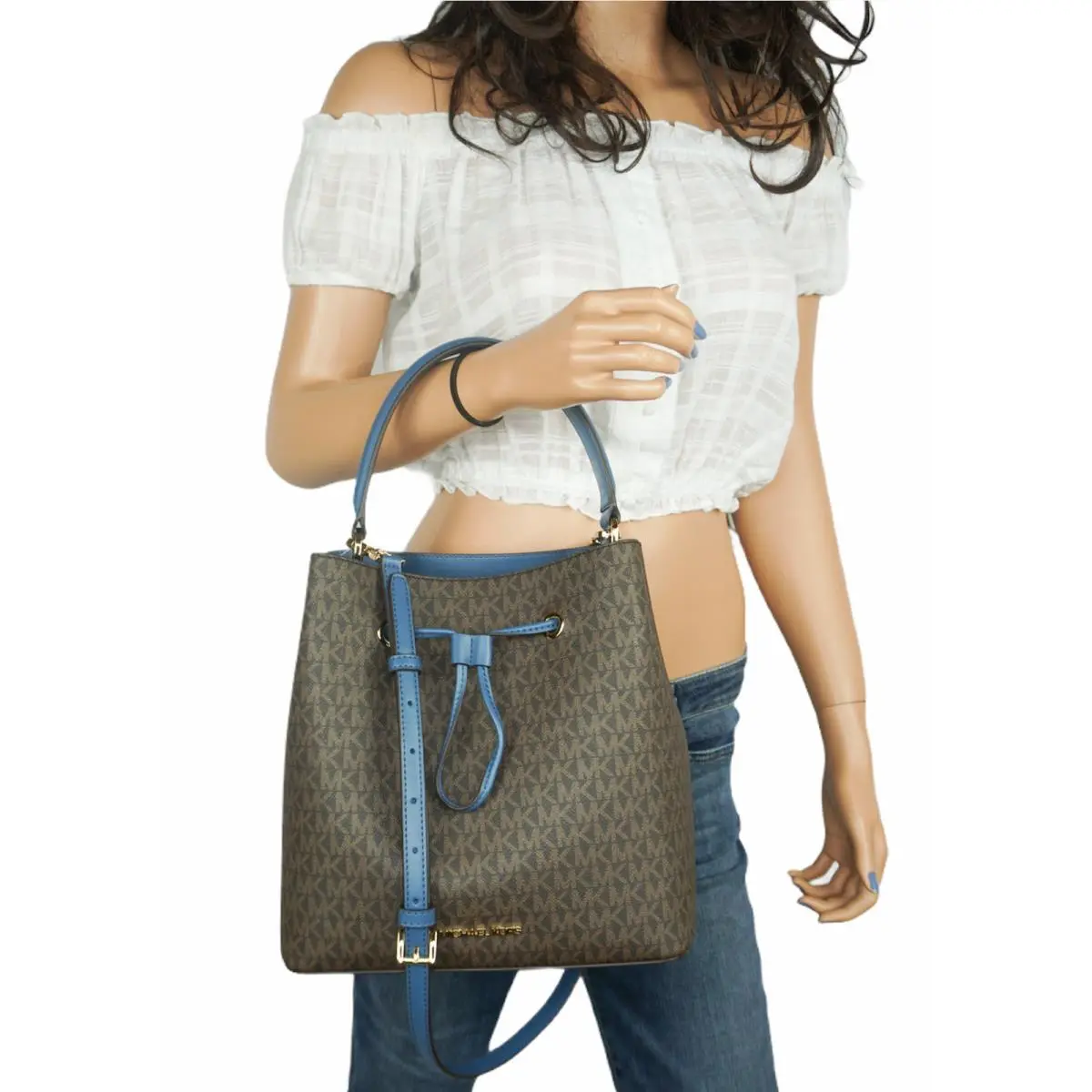 Michael Kors Suri LG Bucket Drawstring Shoulder Bag MK Brown Dark Chambray
