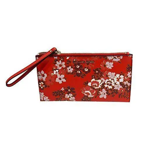 Kors Jet Set Travel Floral Leather Large Zip Clutch Red