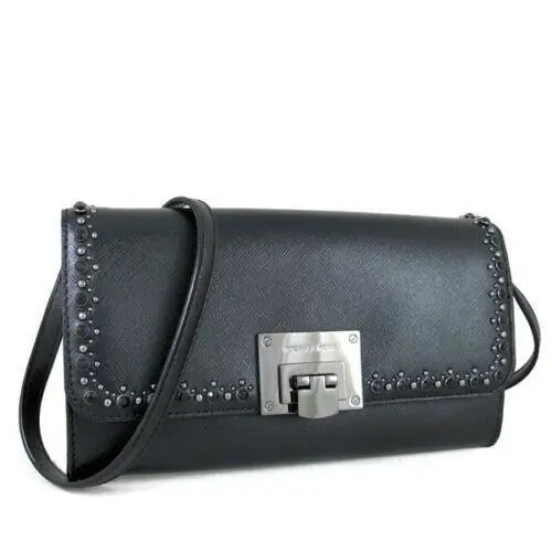 Michael Kors Tina Leather Crossbody Clutch Purse Bag Black 35H8TT4C5A