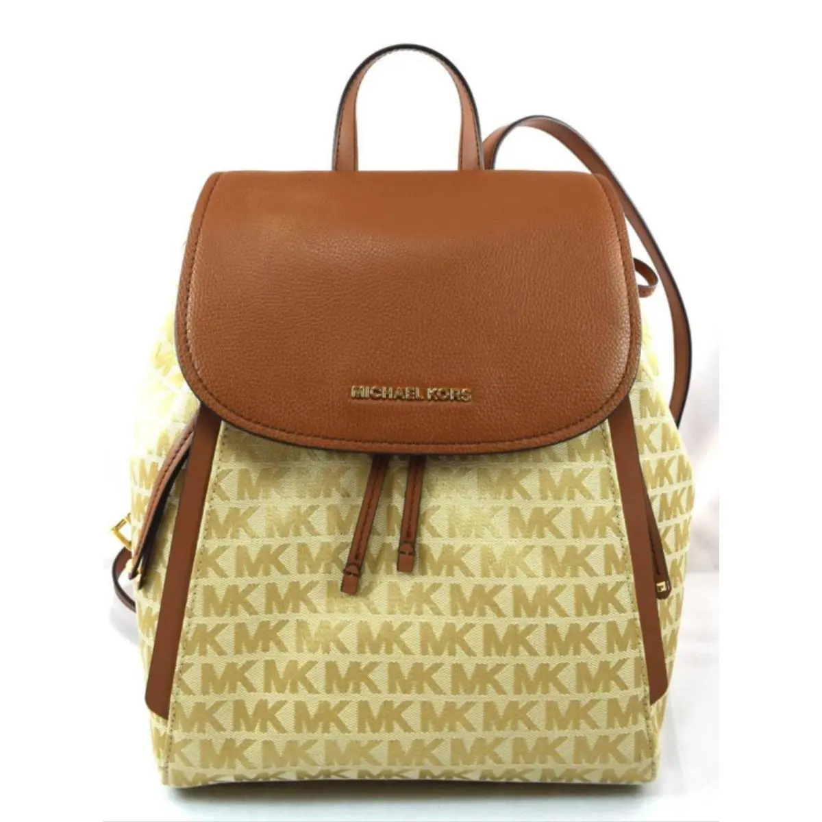 Michael Kors Evie MK Signature Jacquard MD Flap Backpack Bag Beige Camel Luggage