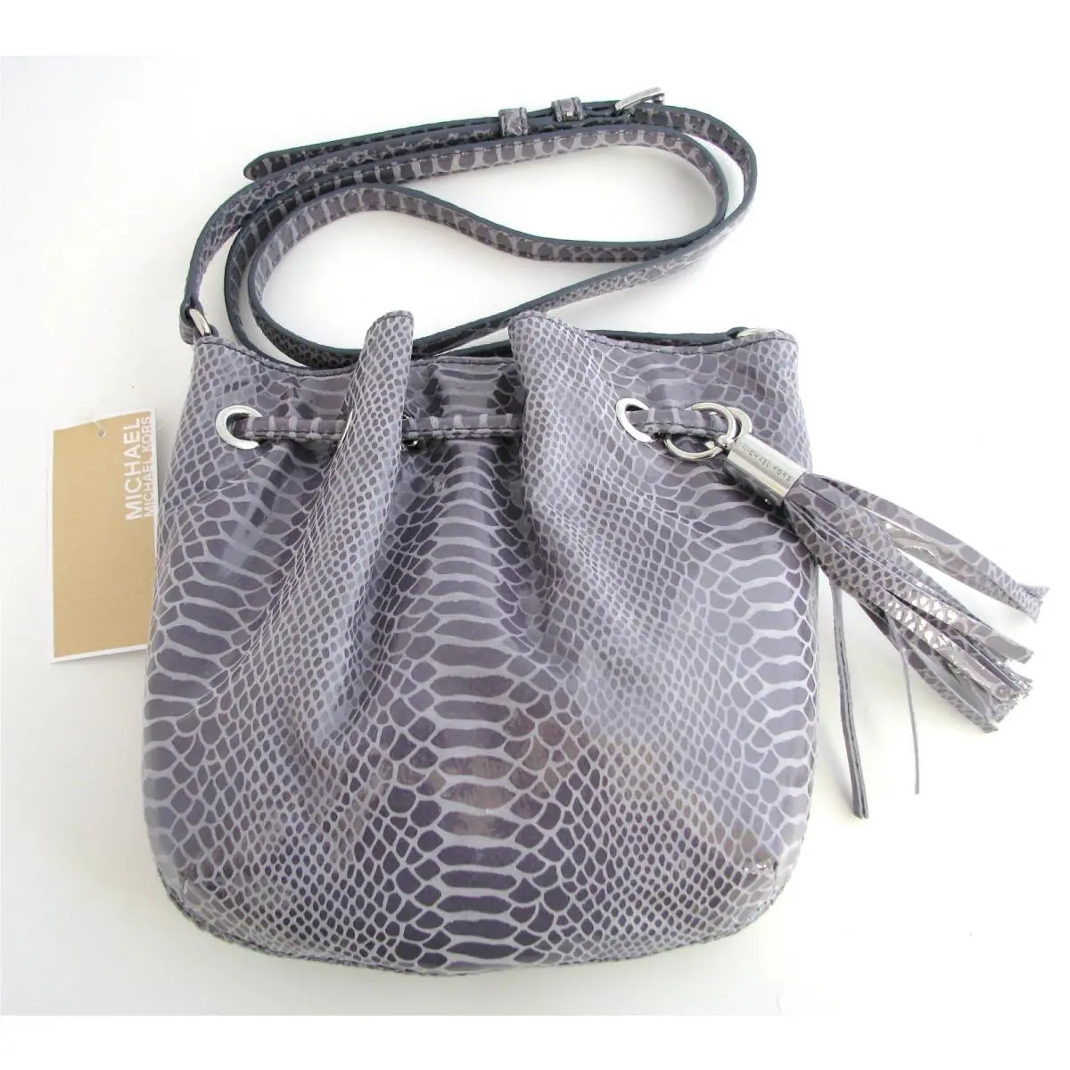 Michael Kors Python Leather Denim Blue Grey Ring Tote Crossbody Hand Bag