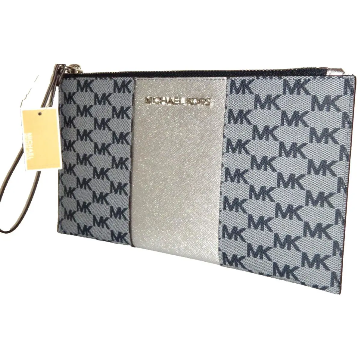 Michael Kors Womens Center Stripe MK Signature Clutch Wallet Admiral Blue Silver