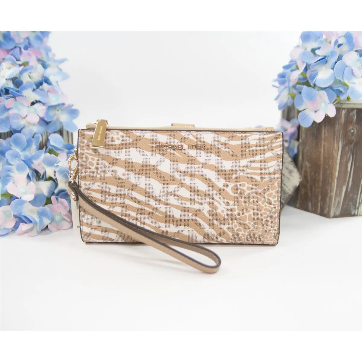 Michael Kors Jet Vanilla Monogram Camel Zebra Double Zip Phone Wallet