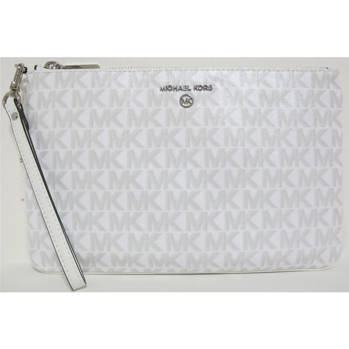 Michael Kors Jet Set Logo Charm Large Top Zip Wristlet Optic White/aluminum