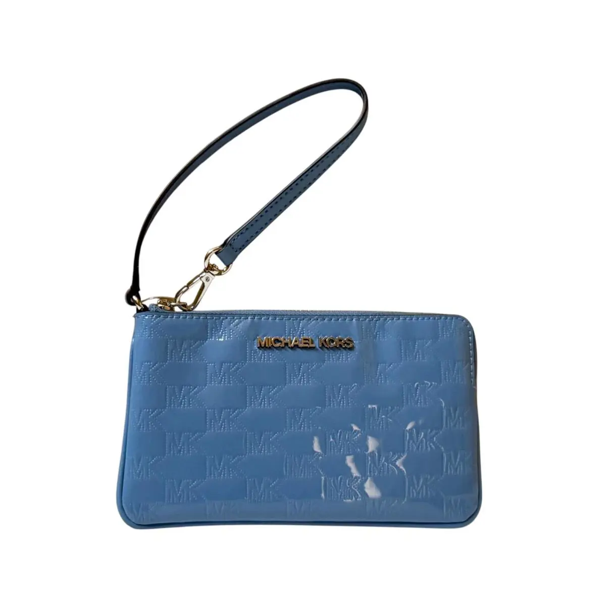 Michael Kors Jet Set Travel Large Wristlet Patent Embossed Patent MK French Blue