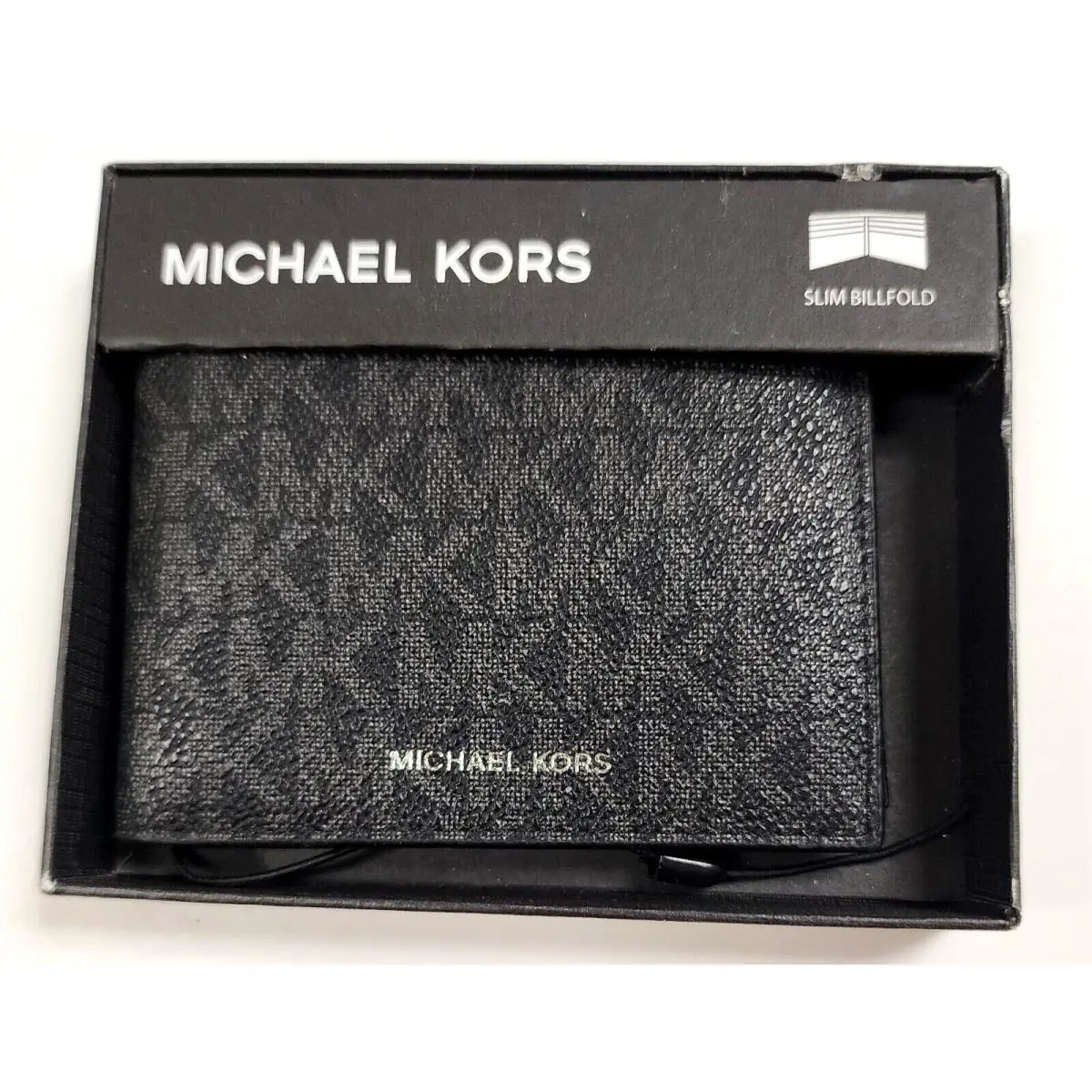 Michael Kors Black Leatherette MK Logo Signature Print Men`s Bifold Wallet