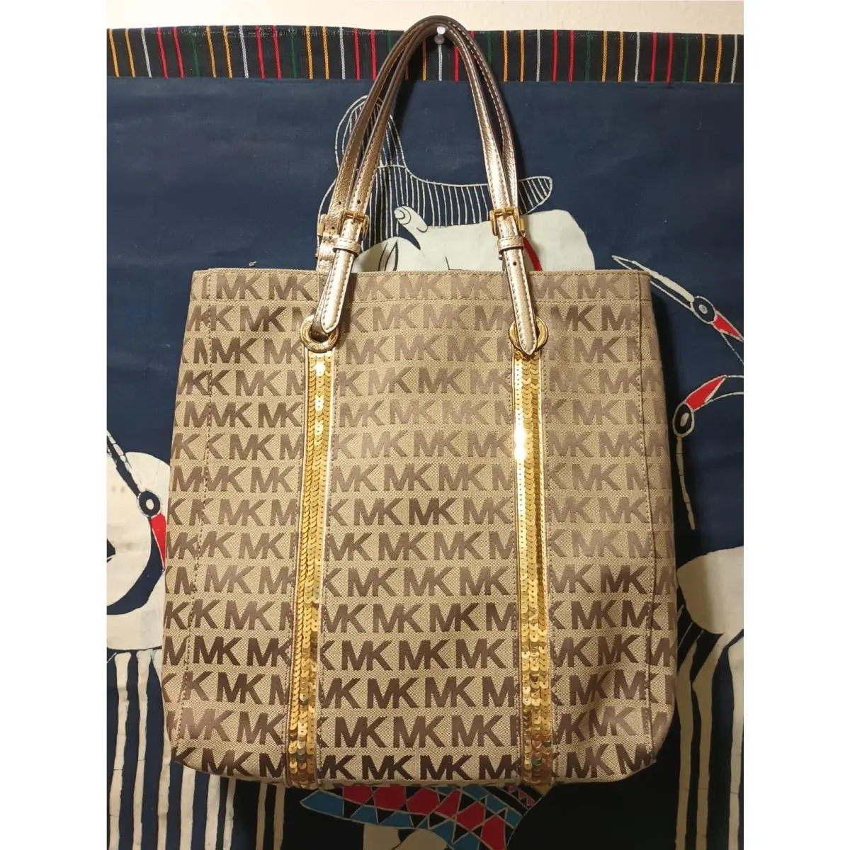 Michael Kors Sequin Gold Tan Logo Signature Shoulder Large Shopper Tote Bag