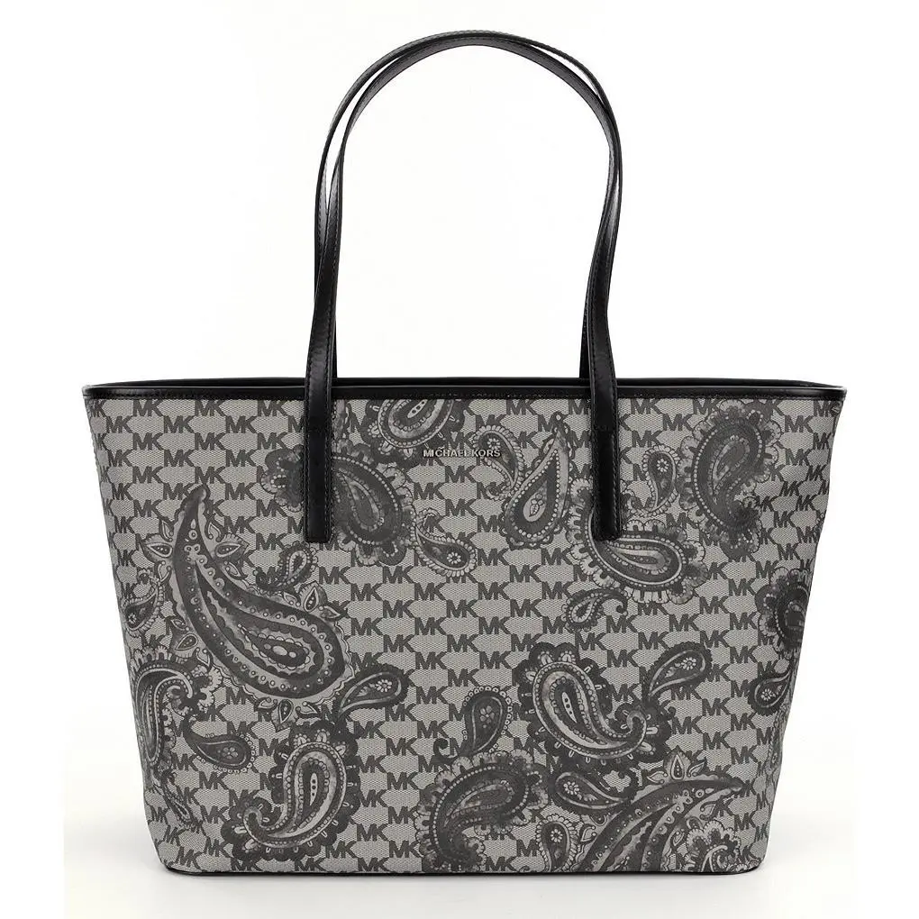 Michael Kors Studio Paisley Emry Large Coated Canvas Top Zip Tote Black