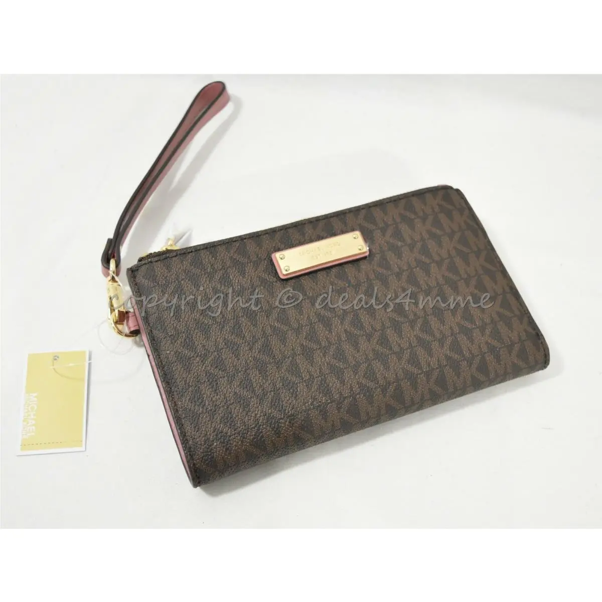 Michael Kors Double Zip Wallet/wristlet in Signature Brown and Rose Pink