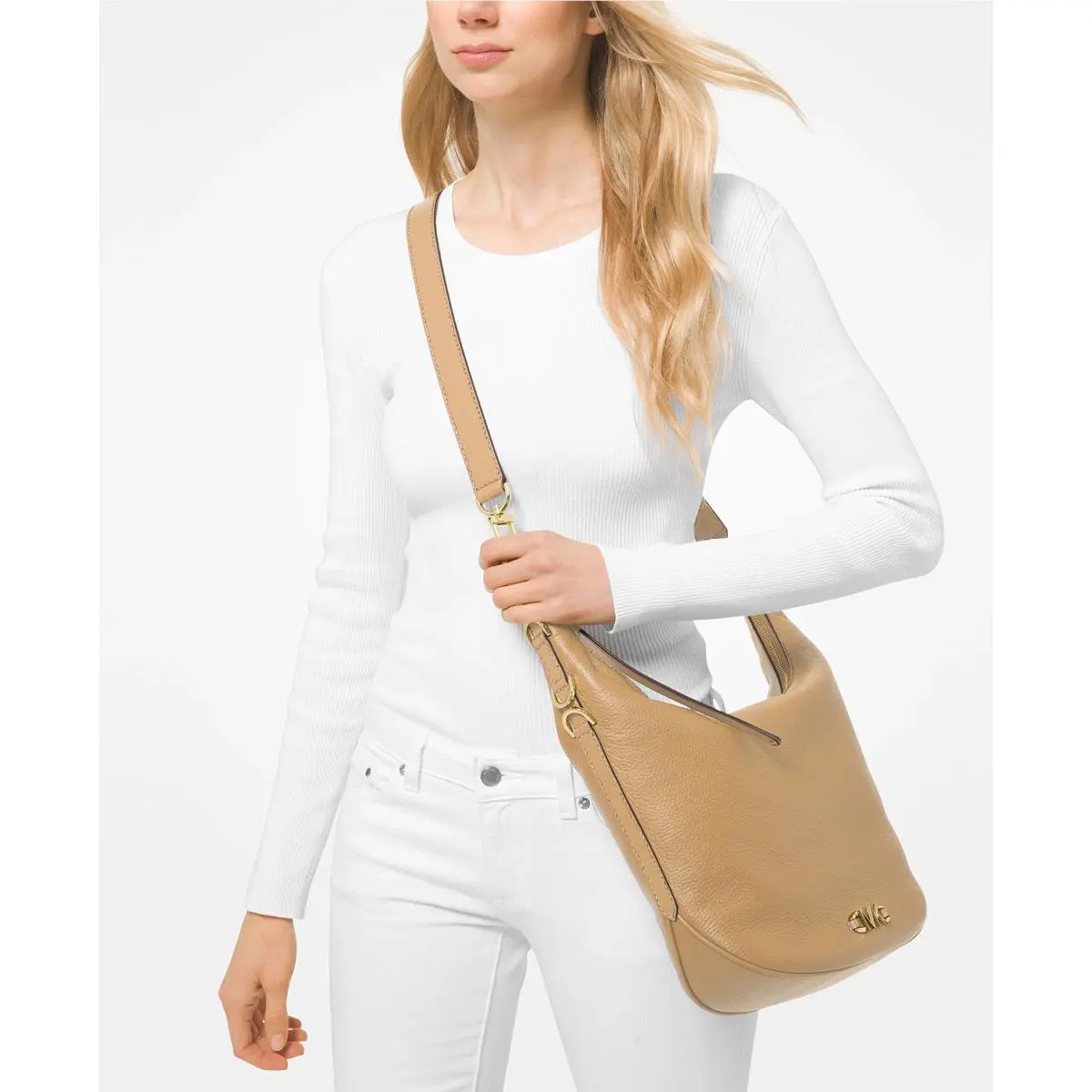 Michael Kors Izzy Large Convertible Leather Shoulder Bag Camel Pale Gold - Exterior: Camel (Beige)