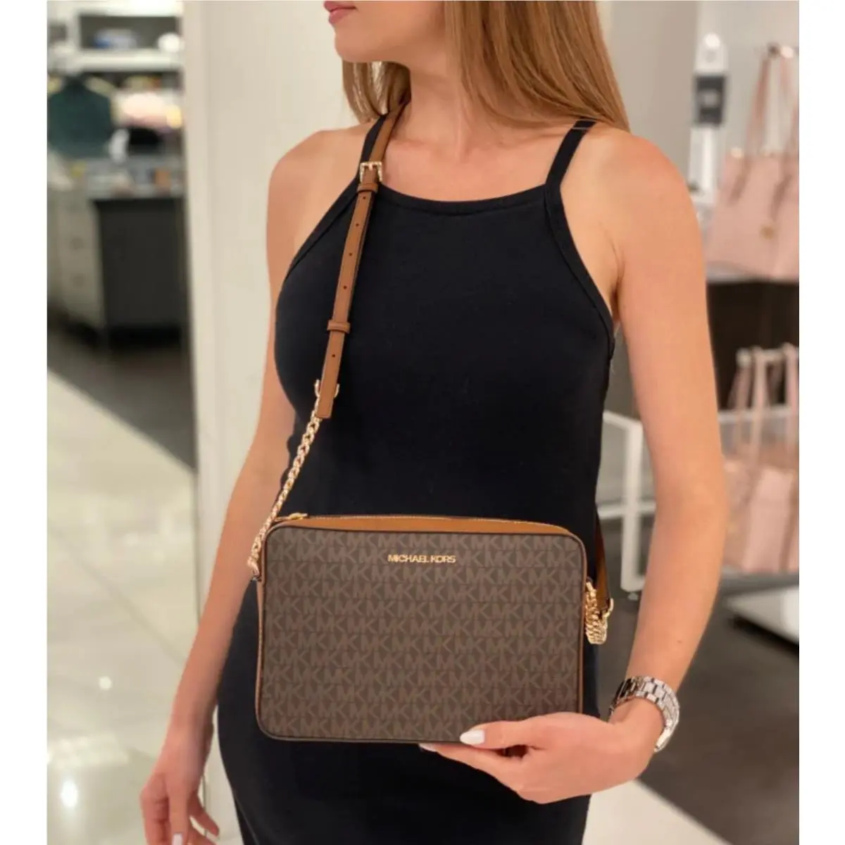 Michael Kors Jet Set Large Printed Signature Logo Crossbody Bag Brown