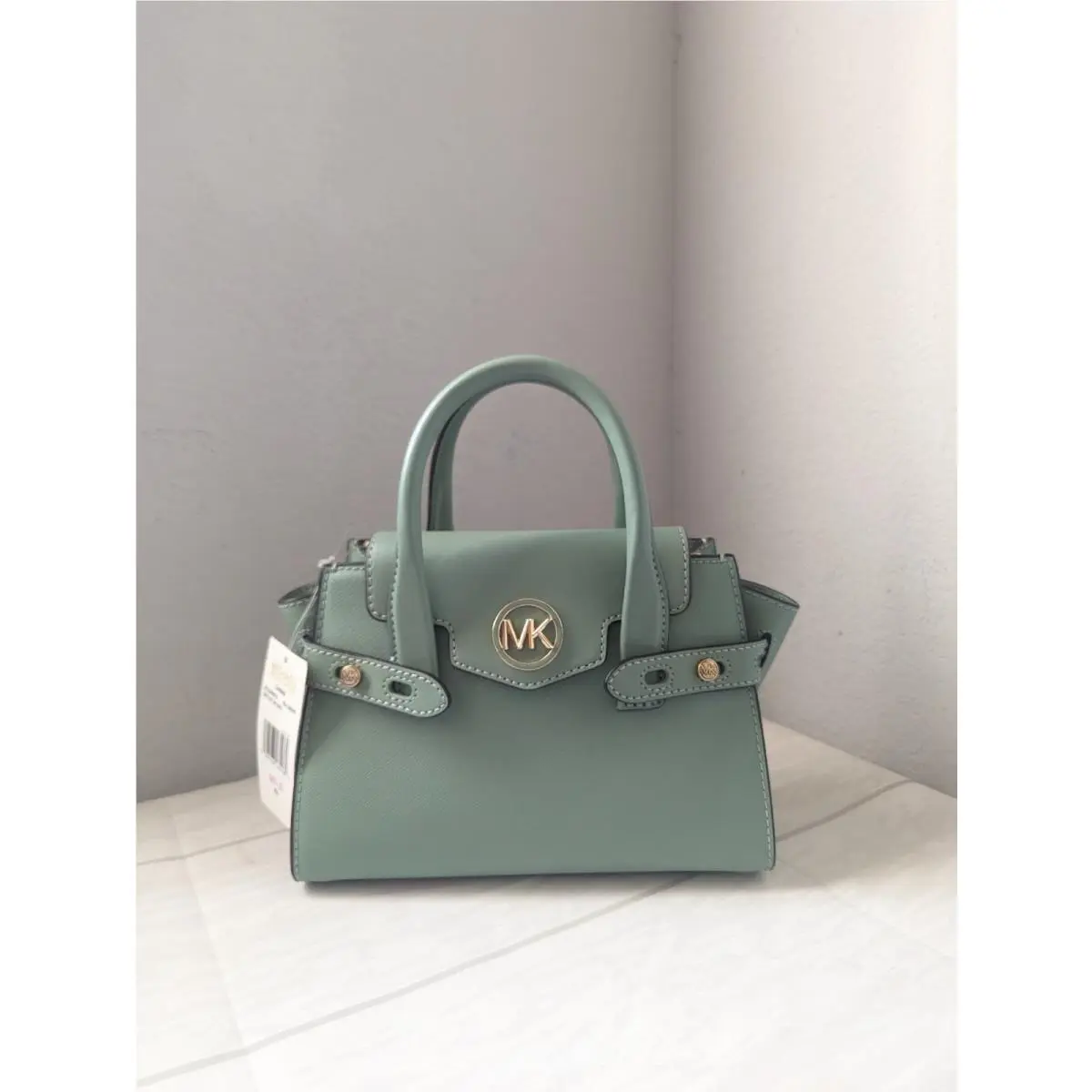 Michael Kors Carmen Small Flap Belted Satchel Crossbody In Sea Green
