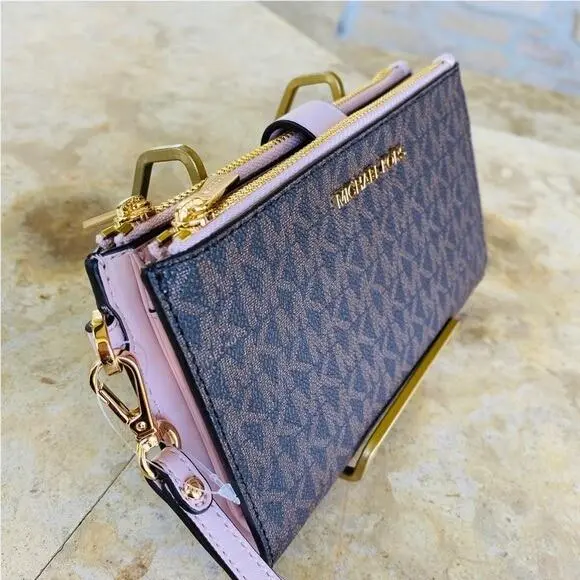 Michael Kors Signature Double Zip Wallet/wristlet Brown/blush Lady Gift