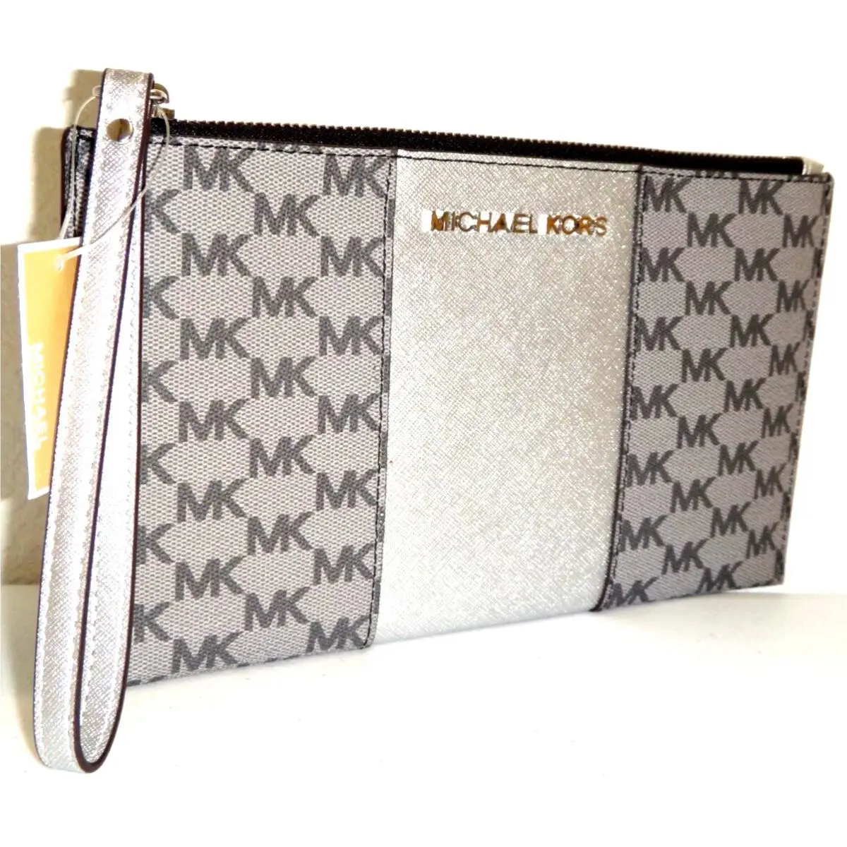 Michael Kors Center Stripe MK Signature Zip Clutch Wrist-let Wallet Gray Silver