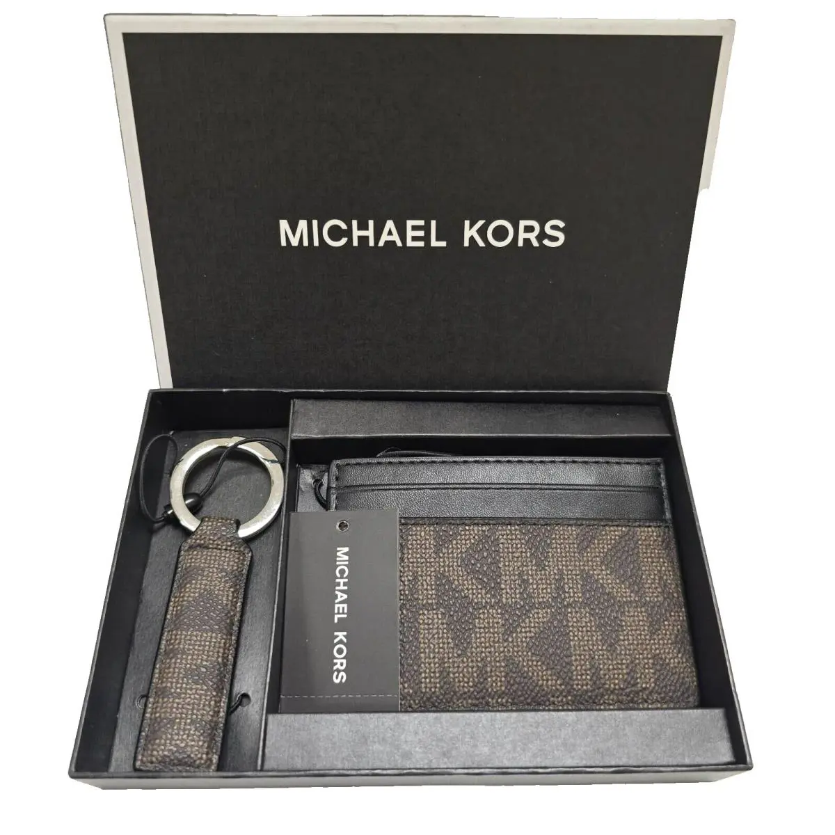 Michael Kors Brown MK Logo Signature Slim Card Case Men`s Wallet + Fob Key Ring
