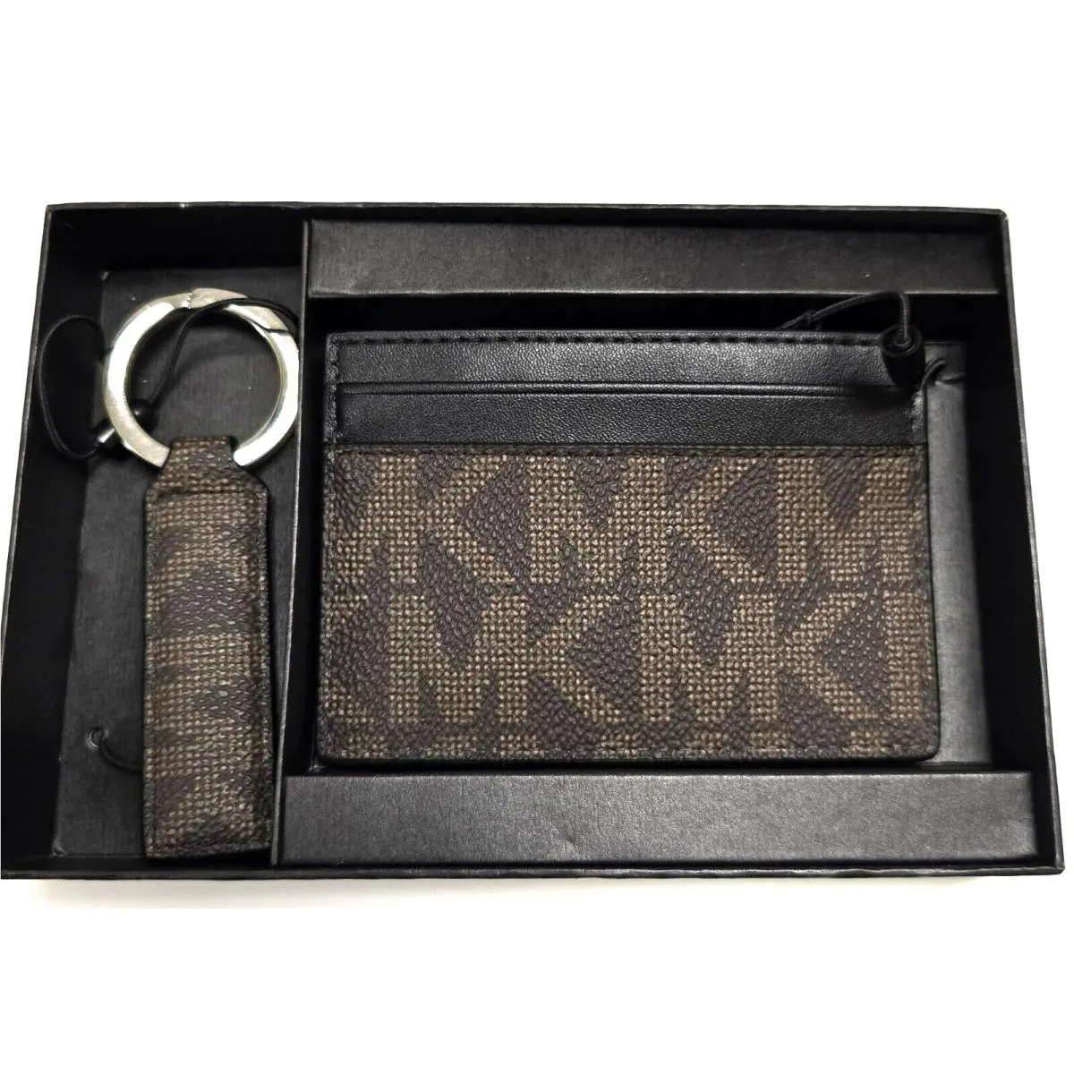 Michael Kors Brown MK Logo Signature Slim Card Case Men`s Wallet + Fob Key Ring