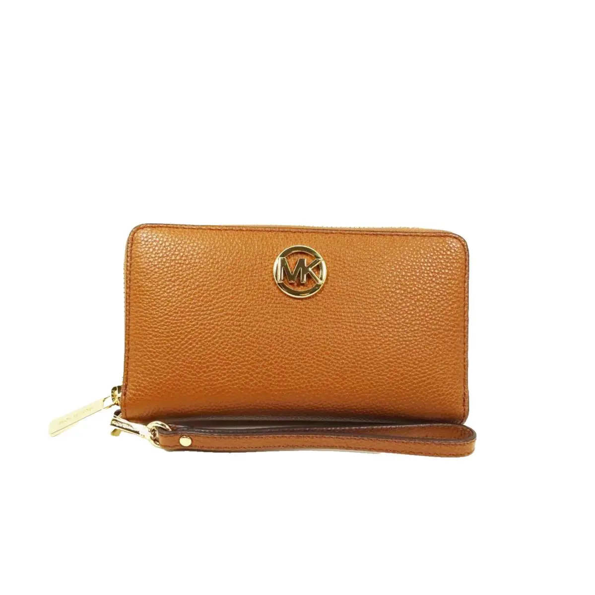 Michael Kors Fulton Pebbled Luggage Brown Leather Wristlet Wallet