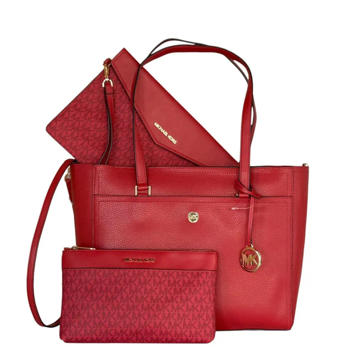 Michael Kors Maisie LG 3 IN 1 Tote Shoulder Crossbody Bag + Clutch Red Flame