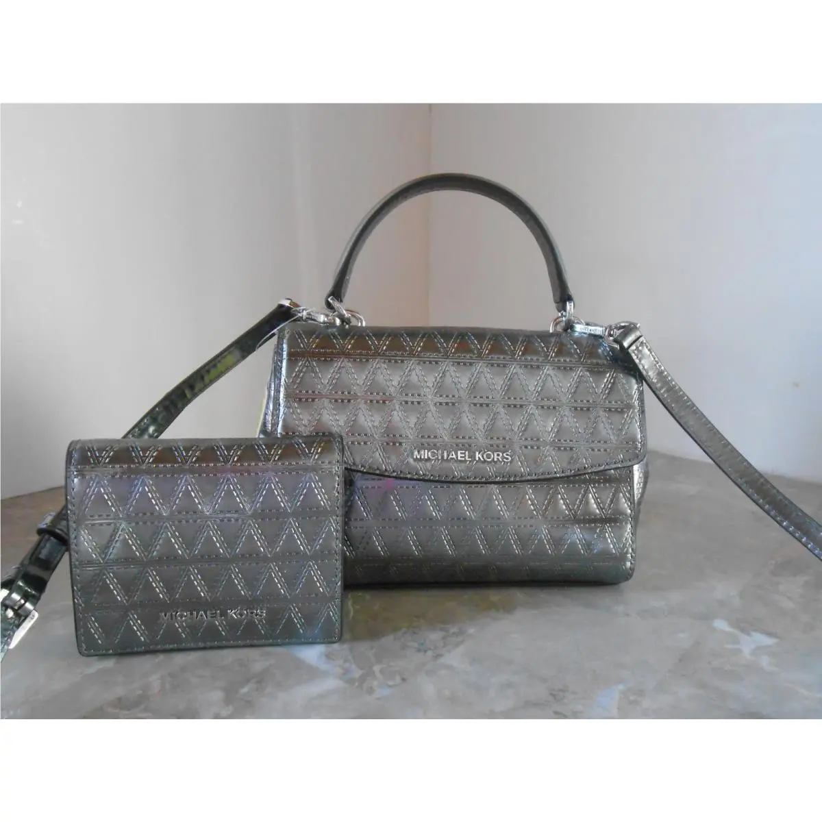 Michael Kors Ava Extra Small Leather Crossbody + Flap Card Holder Gunmetal