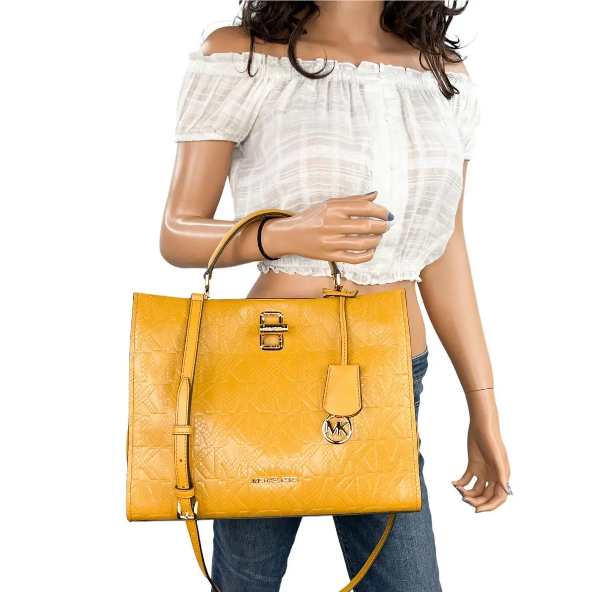 Michael Kors Peneope Large Top Handle Satchel Shoulder Bag Embossed MK Marigold