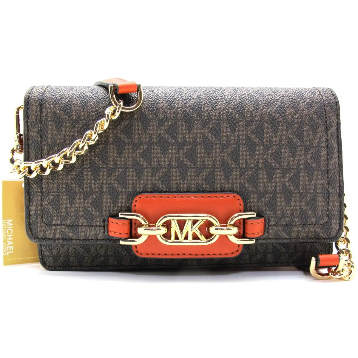 Michael Kors Heather Small Phone Leather Chain Crossbody Flap Deep Orange