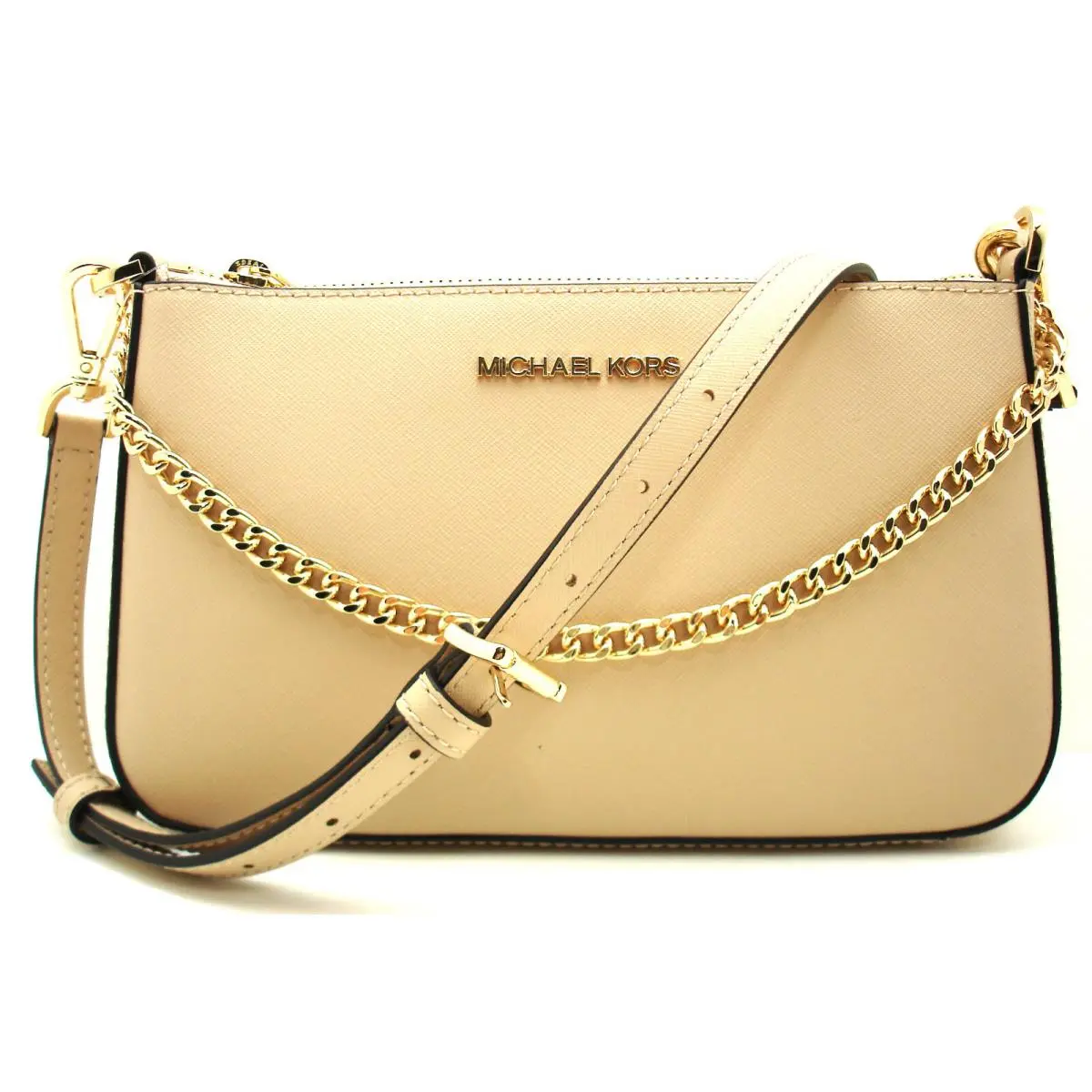 Michael Kors Jet Set Md Zipper Cross Grain Leather Chain Crossbody Buff/gold