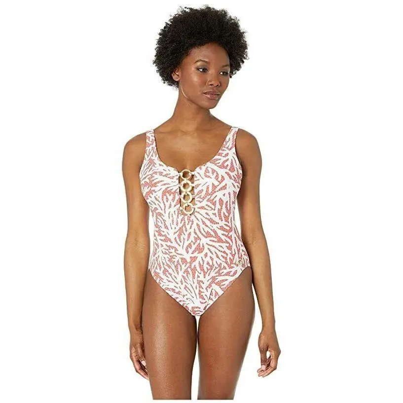 Michael Kors L26919 Womens Red Over The Shoulder Swimsuit Size 10