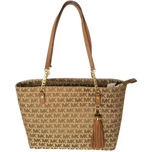 Michael Kors Jet Set EW Chain Tote MK Logo Jacquard Bge/ebny/lug