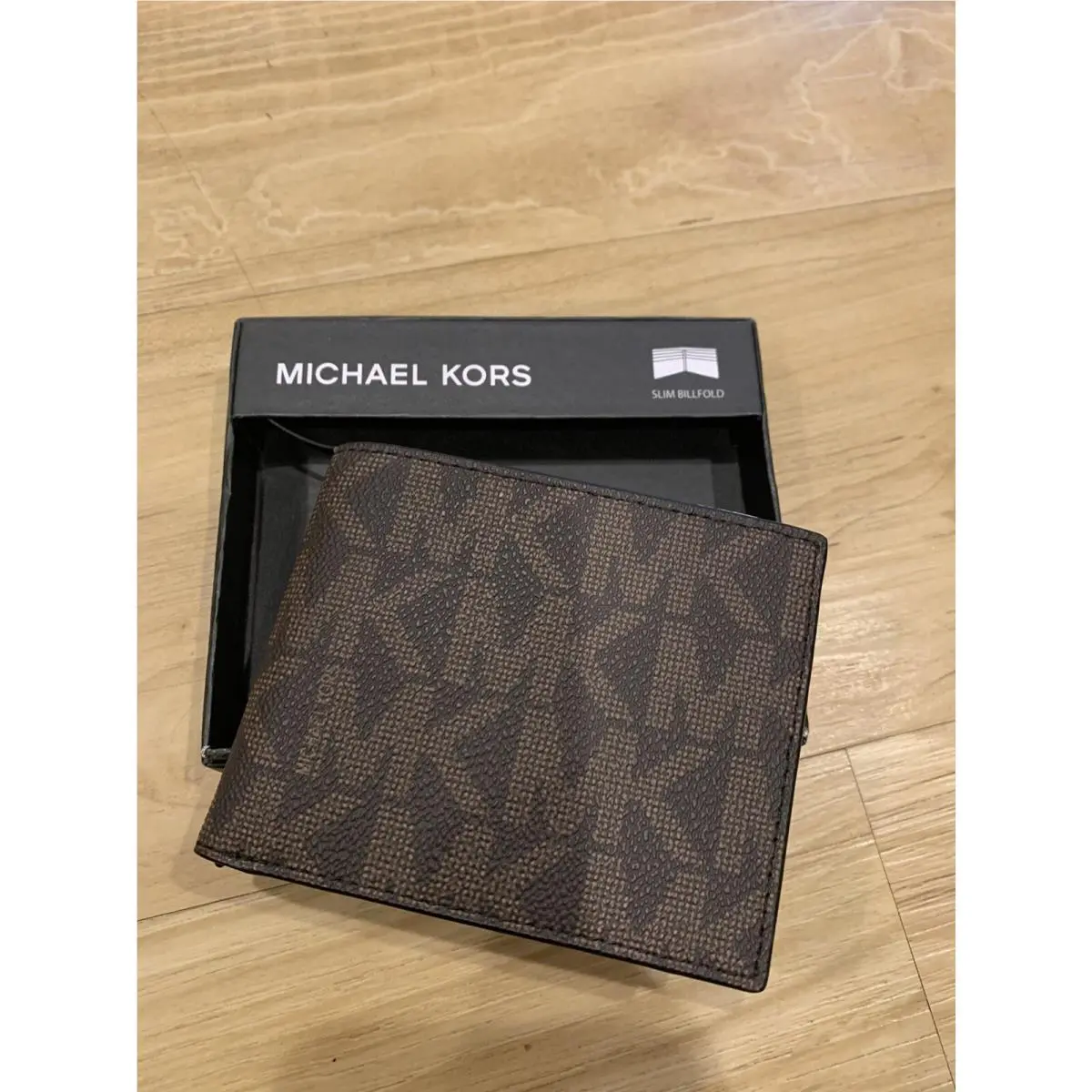 Michael Kors Men’s All Over MK Logo Print Leather Slim Billfold Wallet Brown