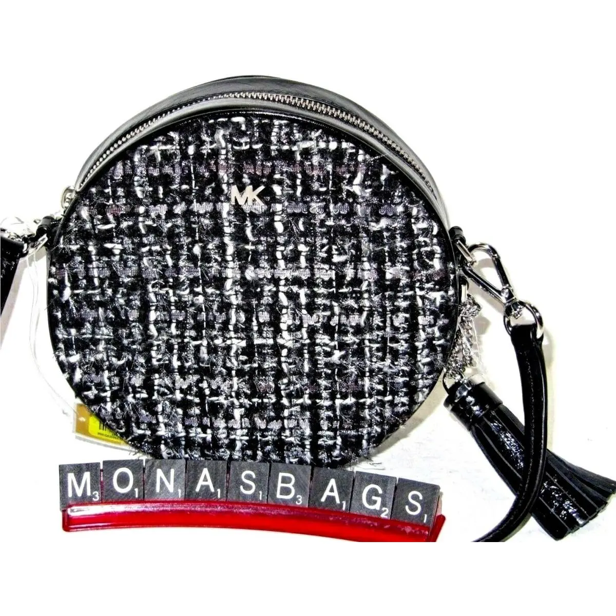 Michael Kors Leather Canteen Black White Tweed Crossbody Bag Tassel