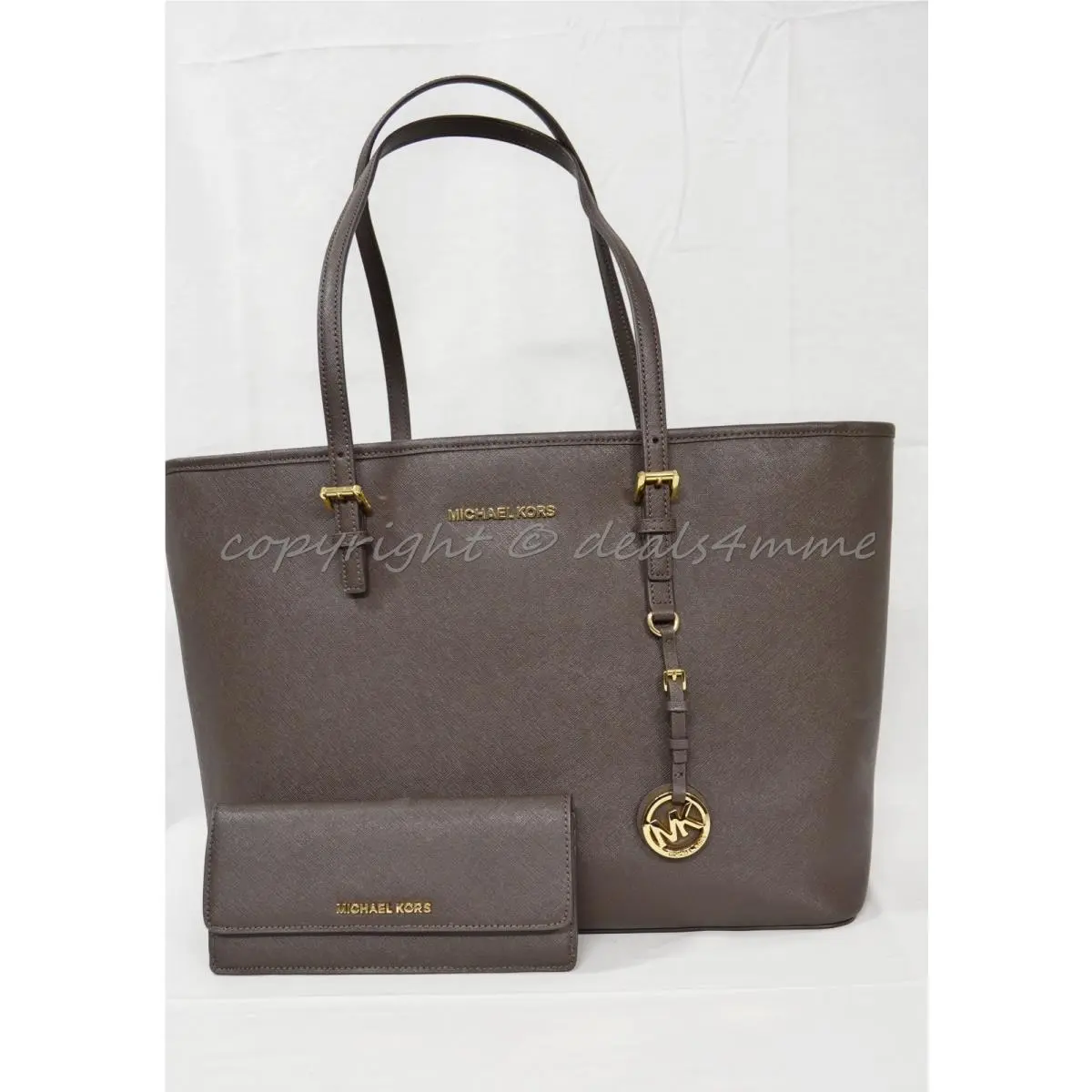 Set Michael Kors Jet Set Travel Medium Multi-function Tote + Wallet Coffee Brown