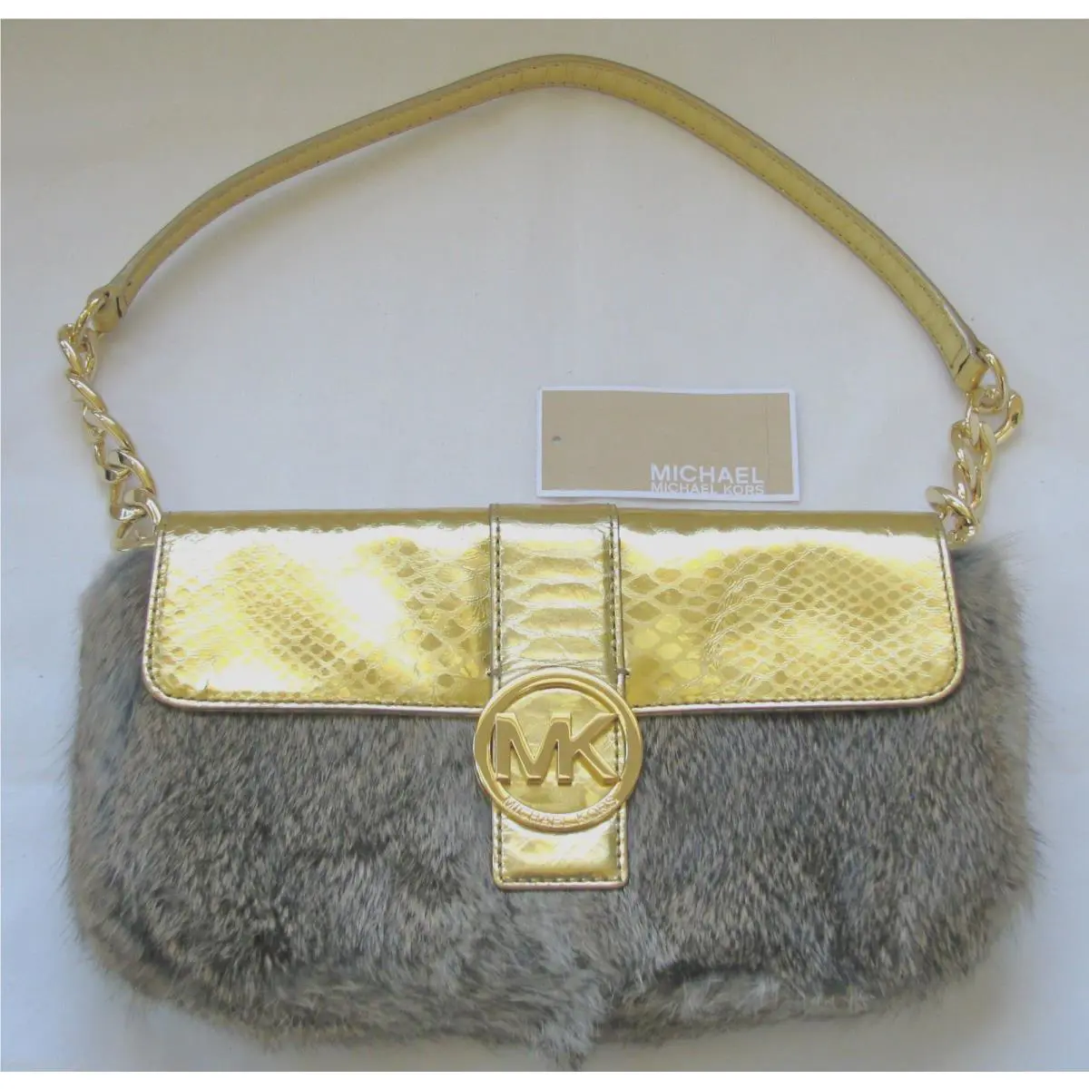 Michael Kors Fulton Rabbit Fur+gold Python Leather Clutch Purse+dust Bag