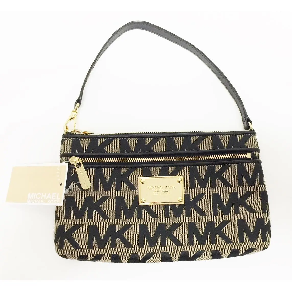 Michael Kors Jet Set Black Beige Signature Jacquard LG Wristlet Bag Clutch