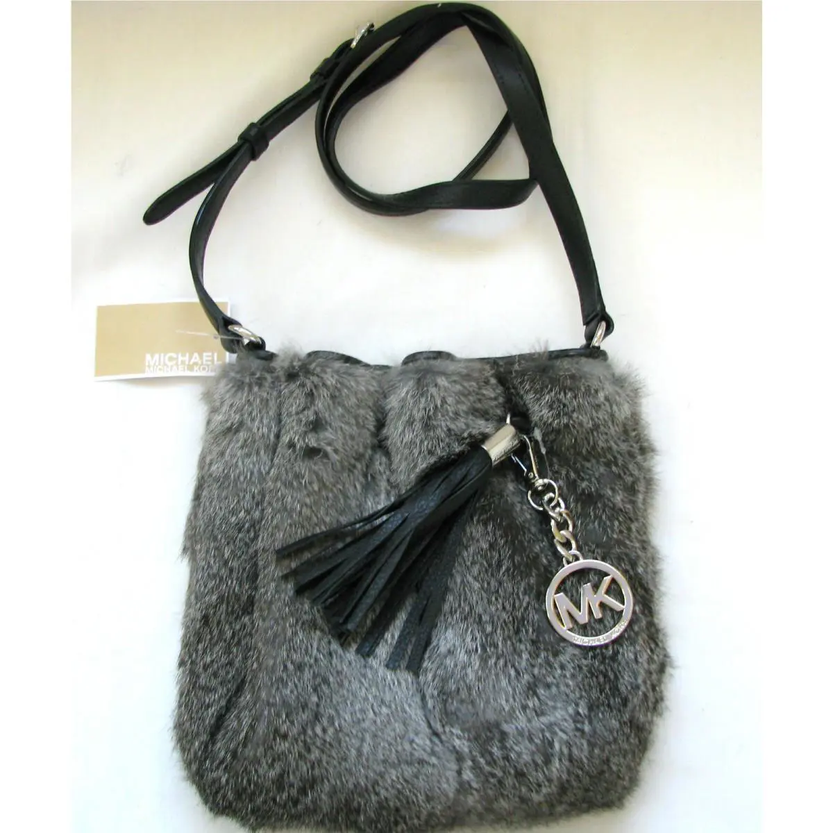 Michael Kors Silver+gray Fur+black Leather Ring Tote Crossbody Hand Bag