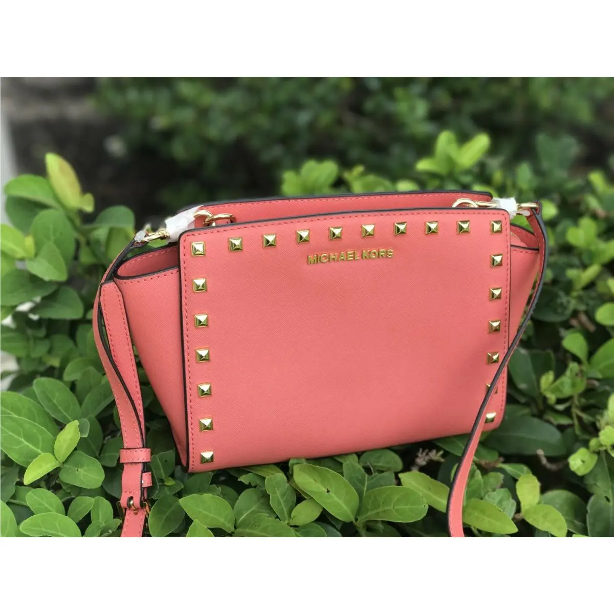 Michael Kors Selma Stud Medium Leather Messenger Pink Grapefruit