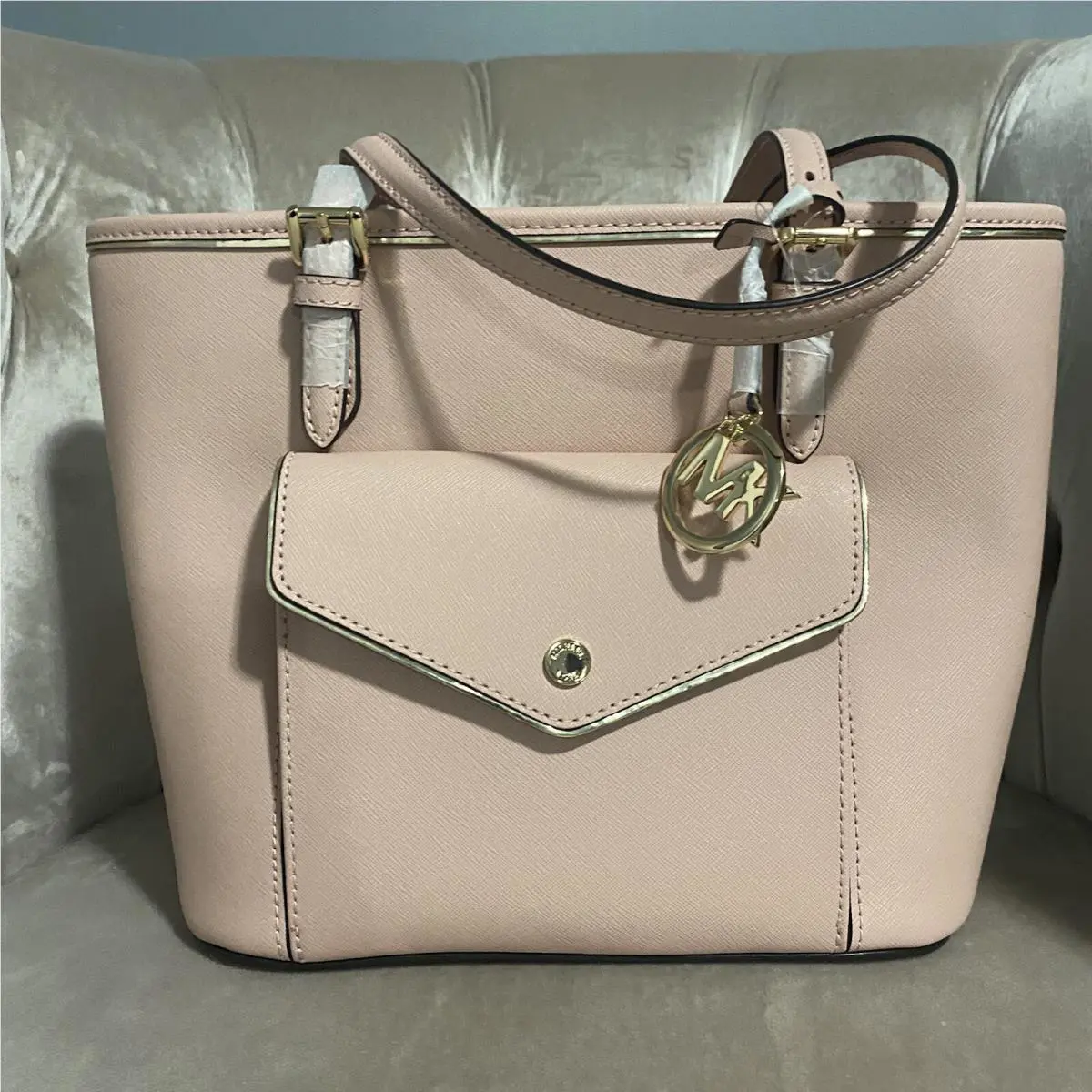 Michael Kors Pastel Pink Pocket Saffiano Frame Leather Tote Bag Handbag