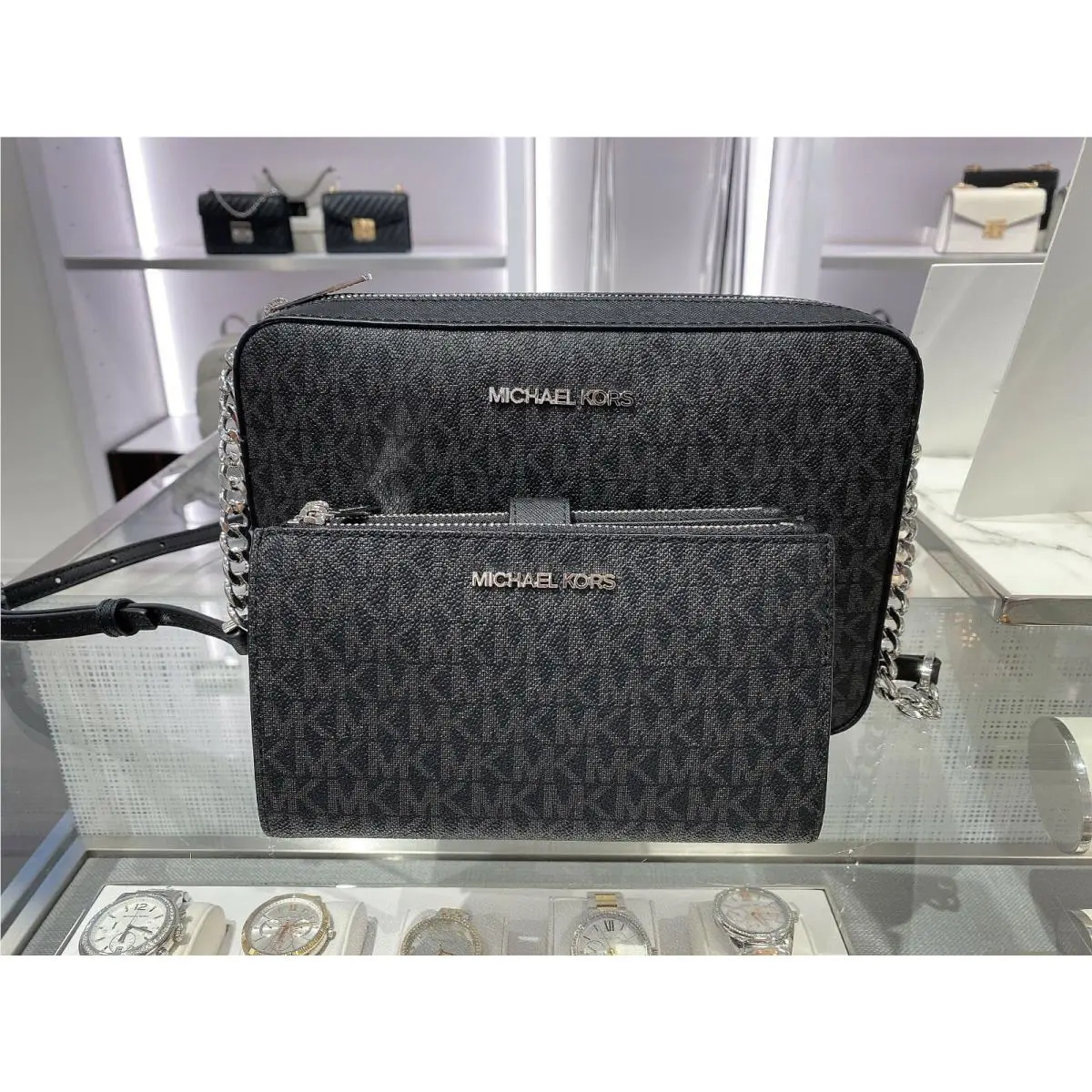 Michael Kors Jet Set Travel Large Crossbody Double Zip Wallet Black Logo