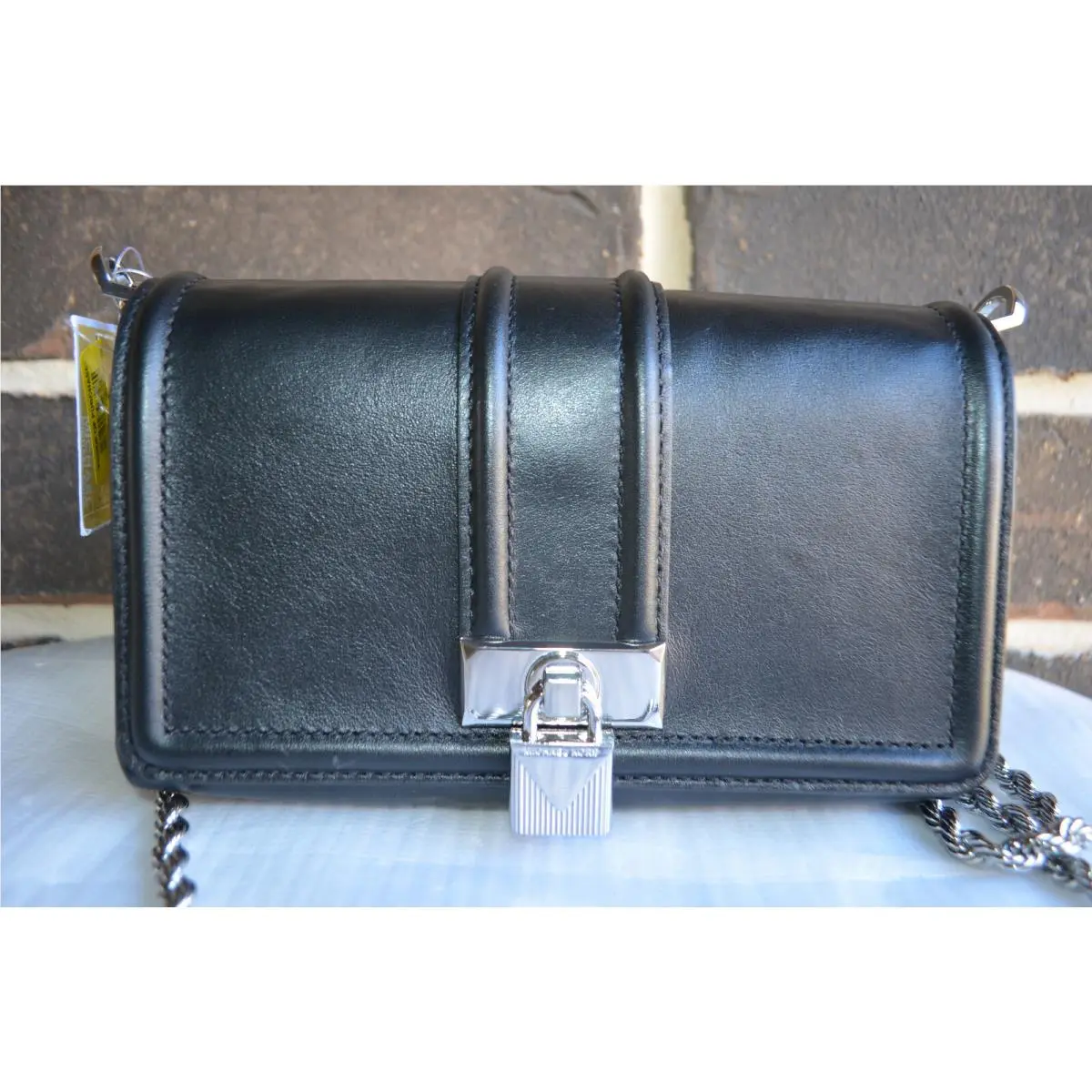 Michael Kors Padlock Chain Crossbody Black Silver Leather Bag