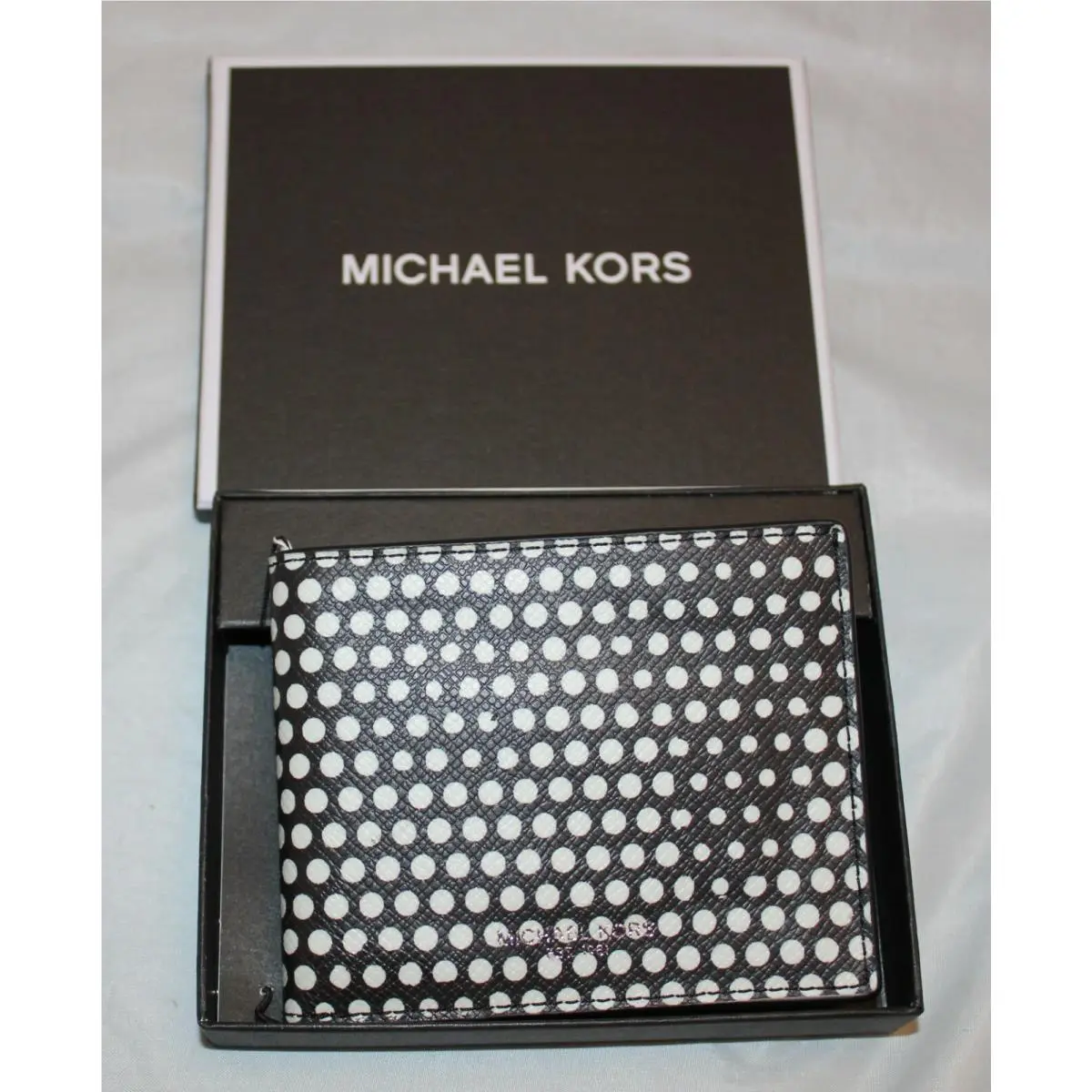 Michael Kors Kent Dot Print Slim Billfold Wallet - Black w/ White Dots