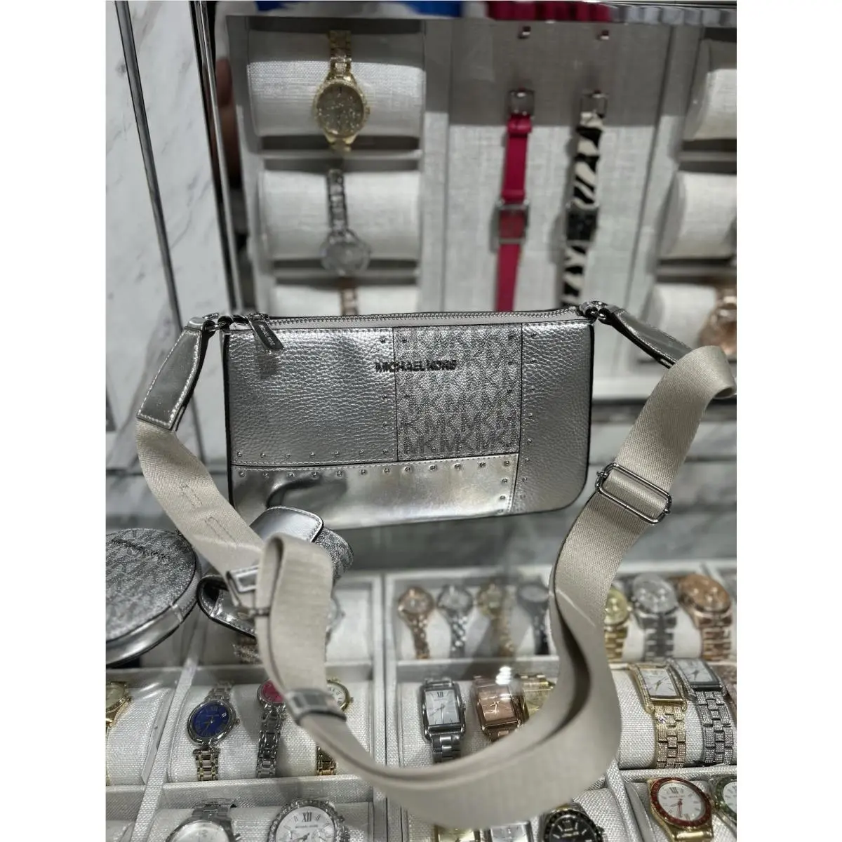 Jet Set Small Crossbody Bag with Tech Attached Silver by Michael Kors