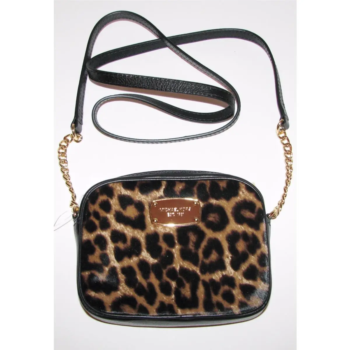 Michael Kors Hamilton Black Leather+cheetah Print+haircalf Crossbody Bag