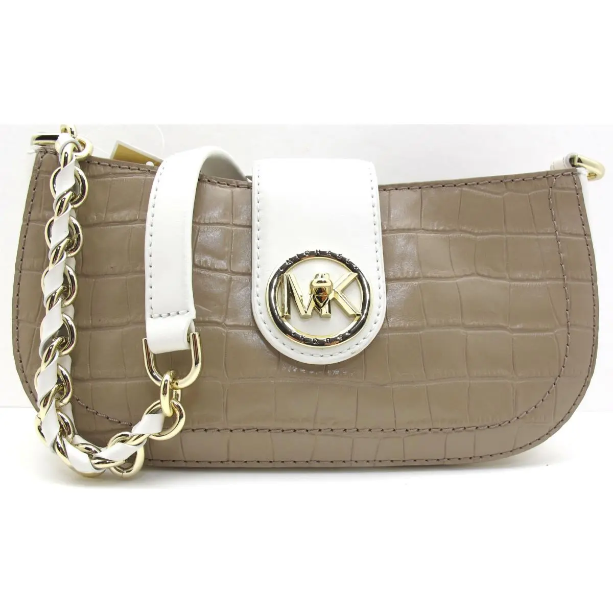 Michael Kors Carmen Xsmall Pouchette Embossed Leather Bag Truffle White/gold