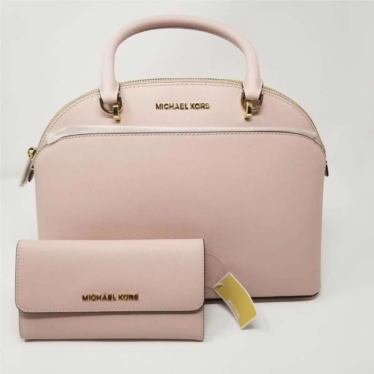 Michael Kors Emmy Dome Satchel Handbag 2pcs Blossom Wallet Leather Pink